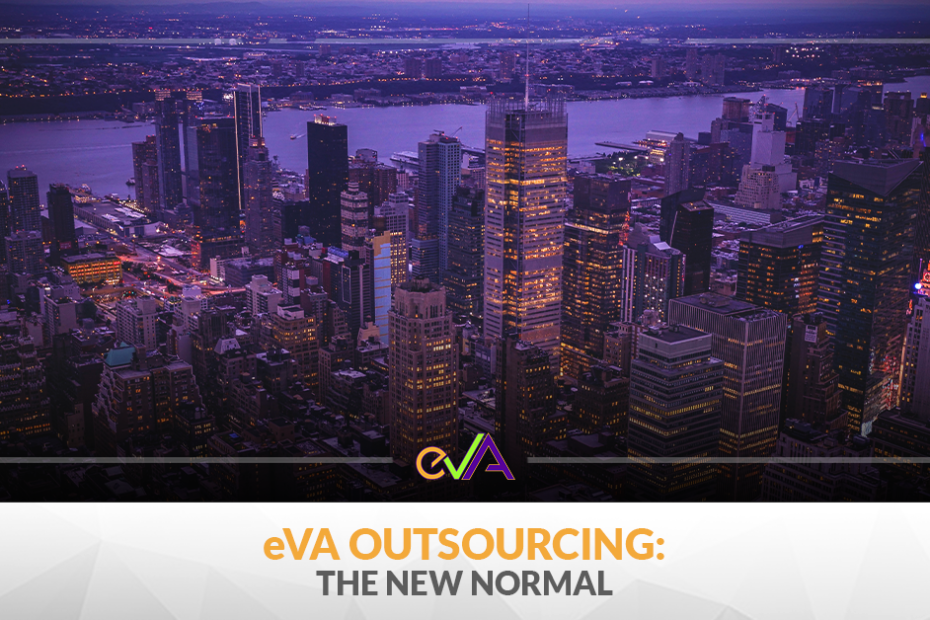 An aerial shot of a city at night with a caption "eVA Outsourcing: The New Normal" underneath.