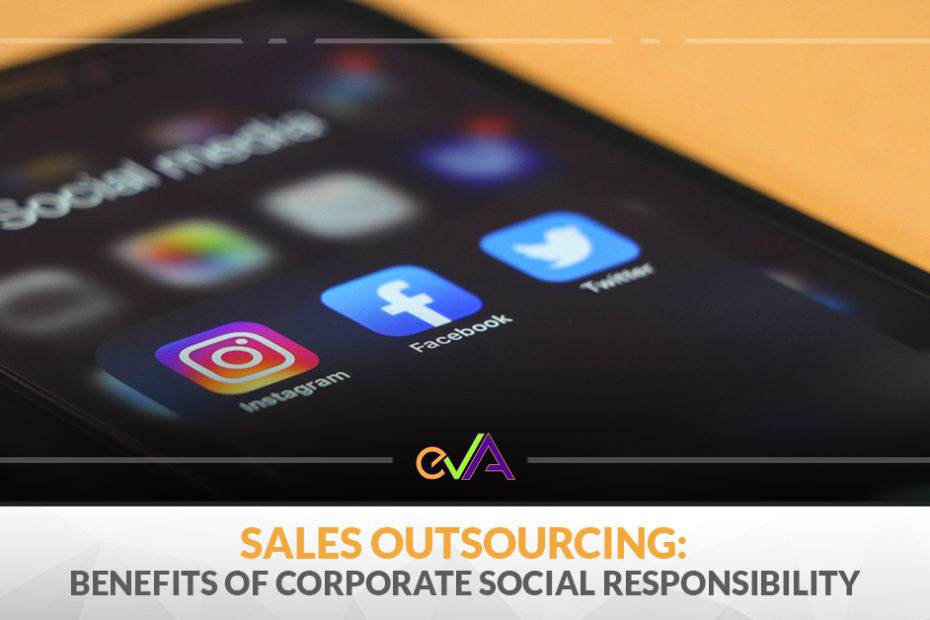 An image of a phone highlighting applications including instagram, facebook, and twitter with a caption of "Sales Outsourcing: Benefits of Corporate Social Responsibility" underneath.