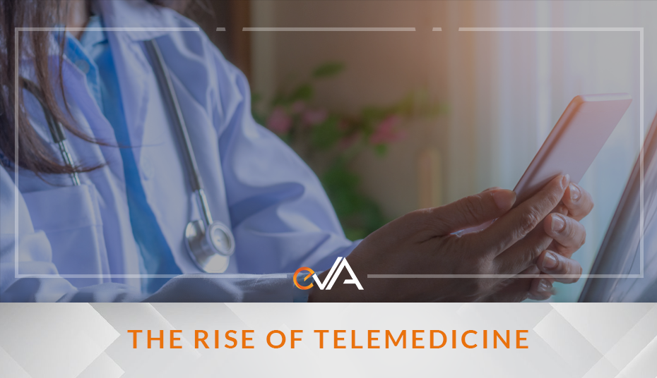 Doctor in a white coat and stethoscope holding a smartphone, with the text "The Rise of Telemedicine" below.