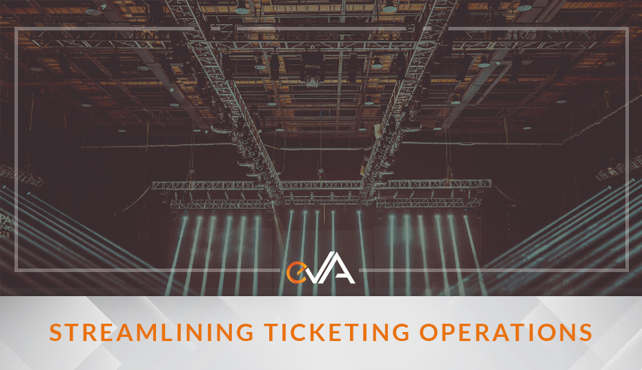 Interior of a concert venue with dramatic lighting beams, featuring the text "Streamlining Ticketing Operations" and the eVA logo.