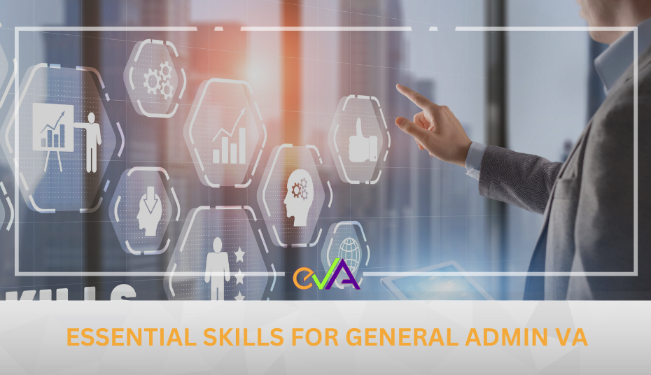 A person standing in front of a hologram of eight different icons with a caption of "Essential Skills for General Admin VA" underneath.