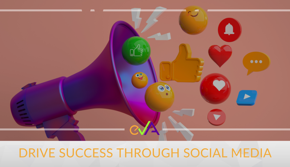 A huge megaphone that omits reactions and lightning vector with a caption, "Drive Success Through Social Media," underneath.