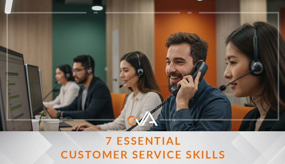 Five customer service agents wearing headsets work at computers in an office setting. One agent is speaking on a telephone. The foreground has a graphic overlay that reads "7 ESSENTIAL CUSTOMER SERVICE SKILLS
