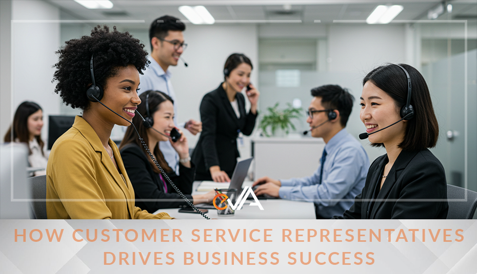 Smiling customer service representatives working in a modern office, wearing headsets and assisting clients
